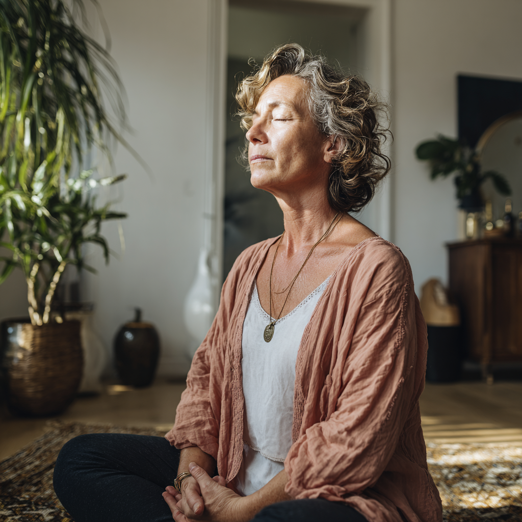 Middle-aged woman practicing meditation in peaceful studio environment