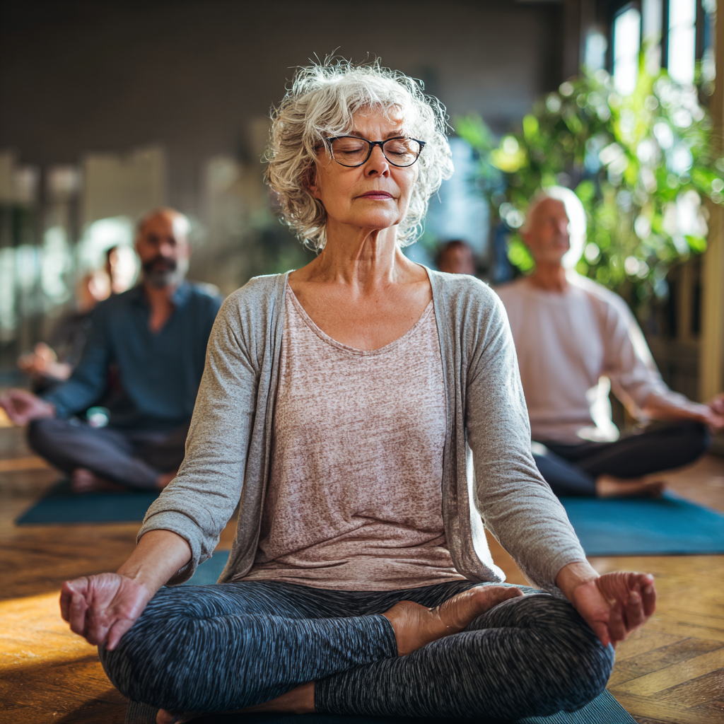 Senior adult practicing gentle yoga poses in serene studio atmosphere