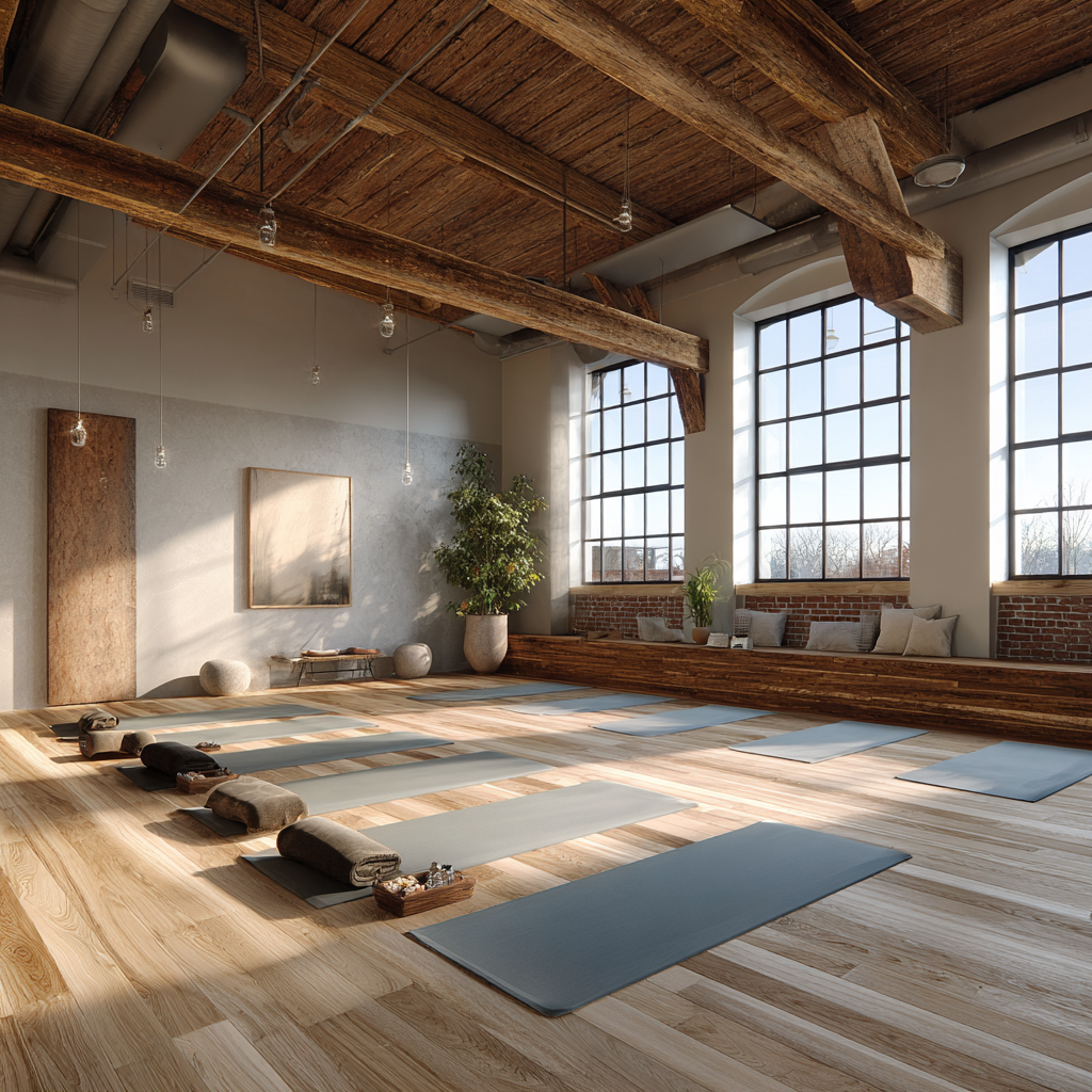 Spacious yoga studio interior with natural light and comfortable practice space for adults
